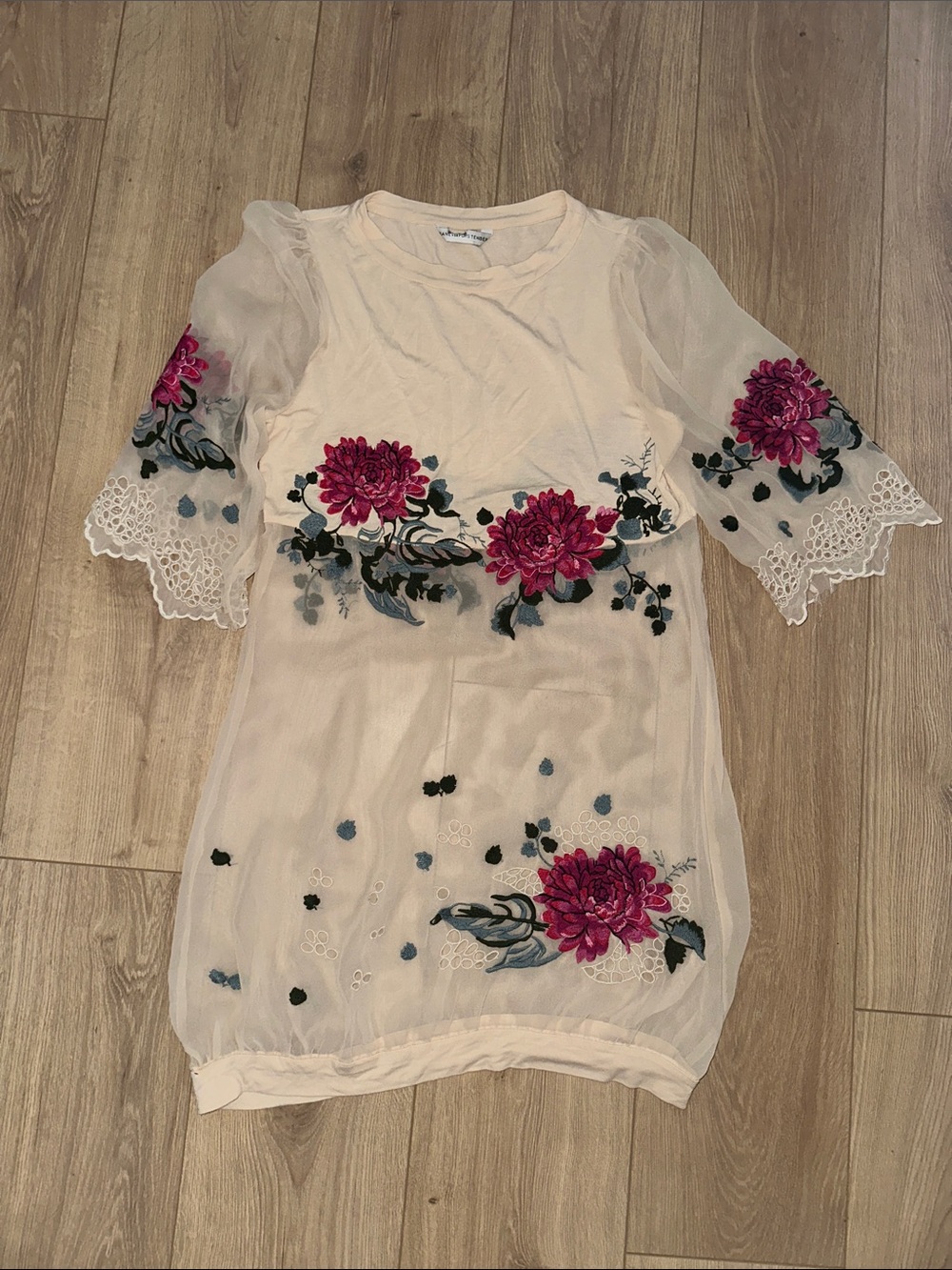 Diane Von Furstenberg Cream Sheer Floral Embroidered Top with Pink Flowers